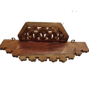 Vtg Hand Carved Wooden Leaf Motif Hinged Shelf Spoon Rack Handkerchief Holder